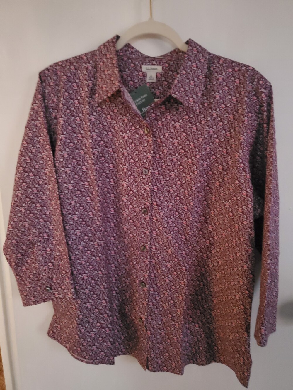 NEW L.L.BEAN WRINKLE FREE 100%COTTON PLUM FLORAL 3/4 SLEEVE SHIRT WOMEN L